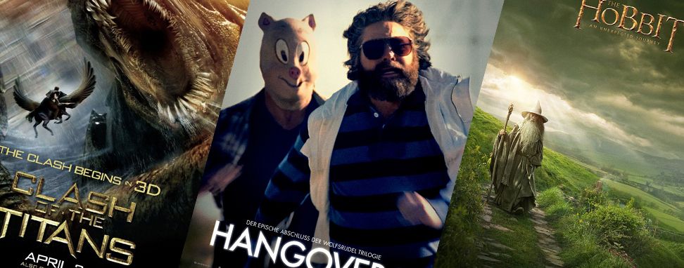 Collage aus den Filmpostern von Clash of Titans, Hangover 3 und der Hobbit