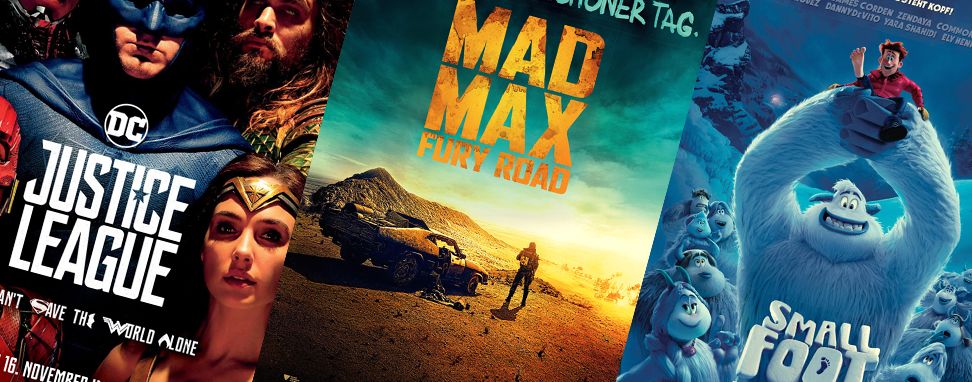 Collage aus den Filmpostern von Justice League, Mad Max Fury Road und der Smallfoot